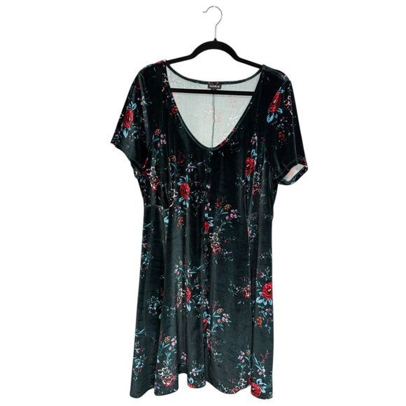 Torrid Women’s 1X Mini Velvet Skater Dress Green Floral V-Neck A-Line Winter - Picture 4 of 8